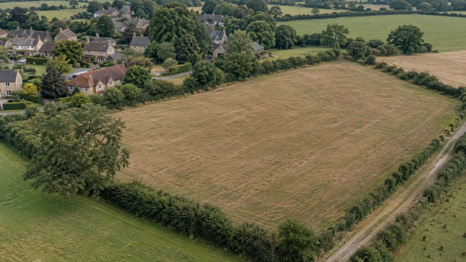 Oblique aerial view of a single field beside the last houses of a village