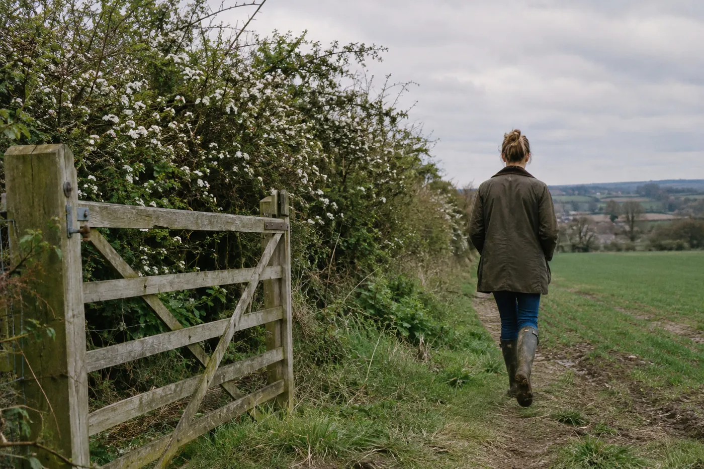 A person in a waxed jacket walking along a field edge past a wooden gate